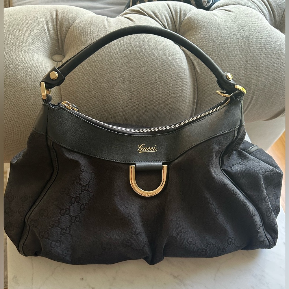 Vintage Authentic Large Gucci hobo in canvas with gold D ring